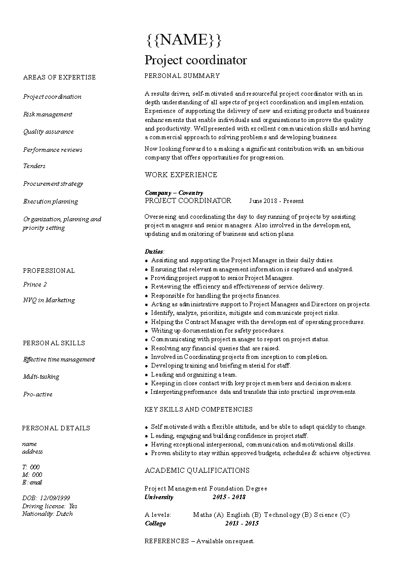 marketing coordinator resume template
