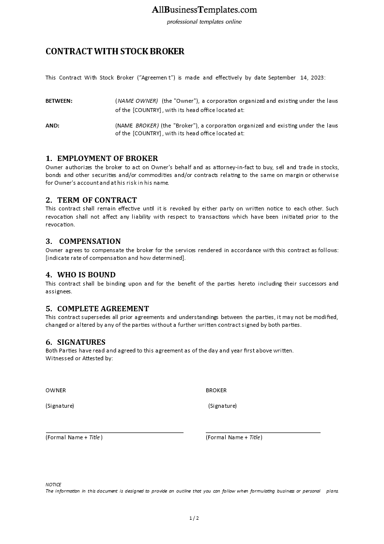contract with stock broker modèles