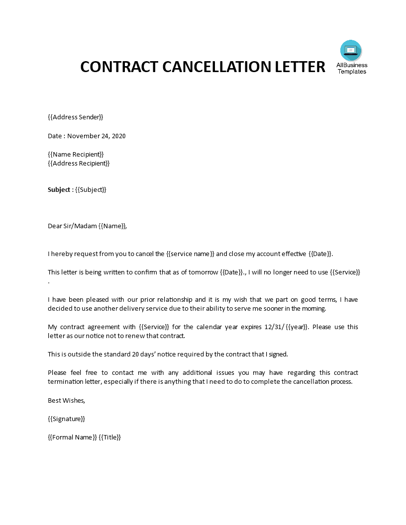 Cancellation Of Contract Letter 模板