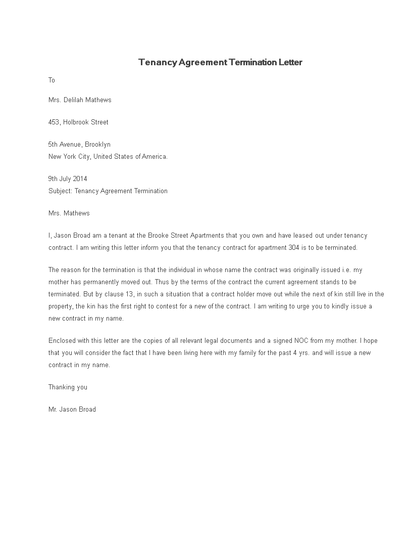 tenancy agreement termination letter sample template
