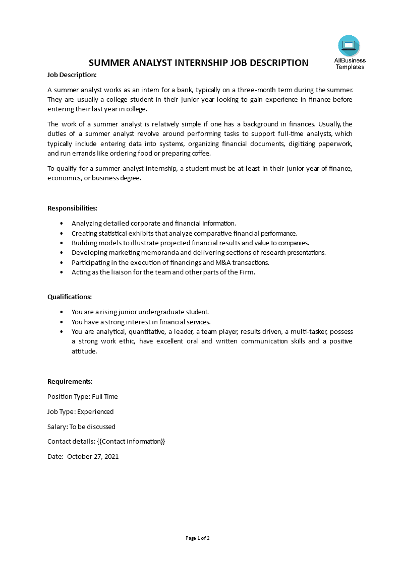 Summer Analyst Internship Job Description 模板