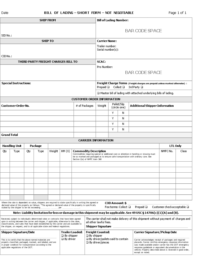 bill of lading template modèles