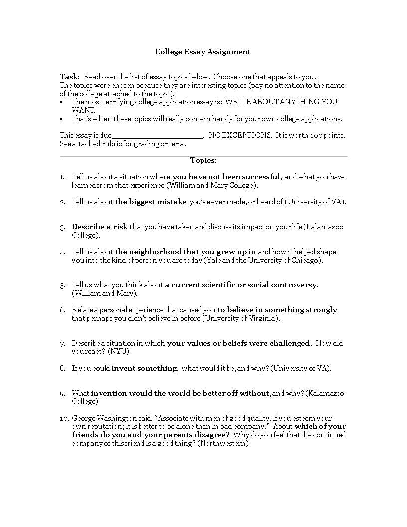 college essay assignment template