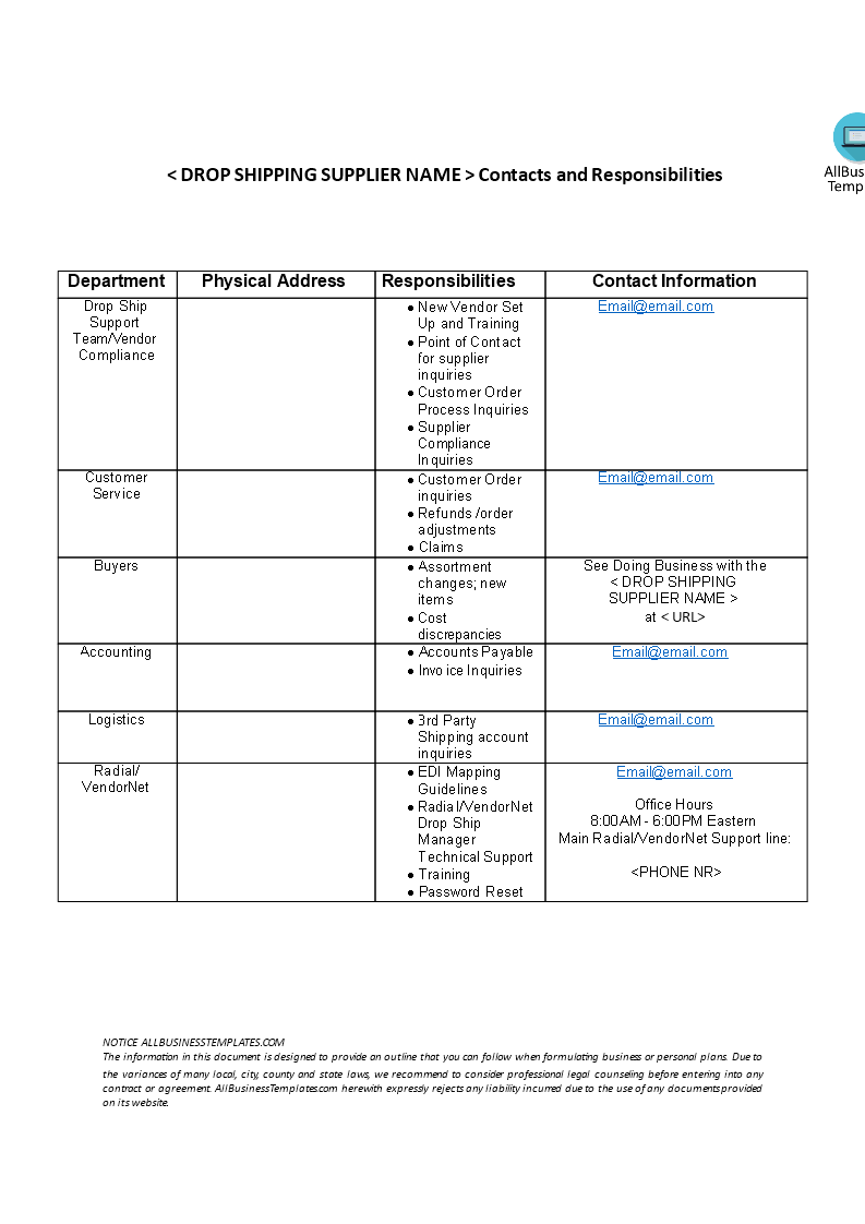 Drop Shipping Contacts and Responsibilities Sheet 模板
