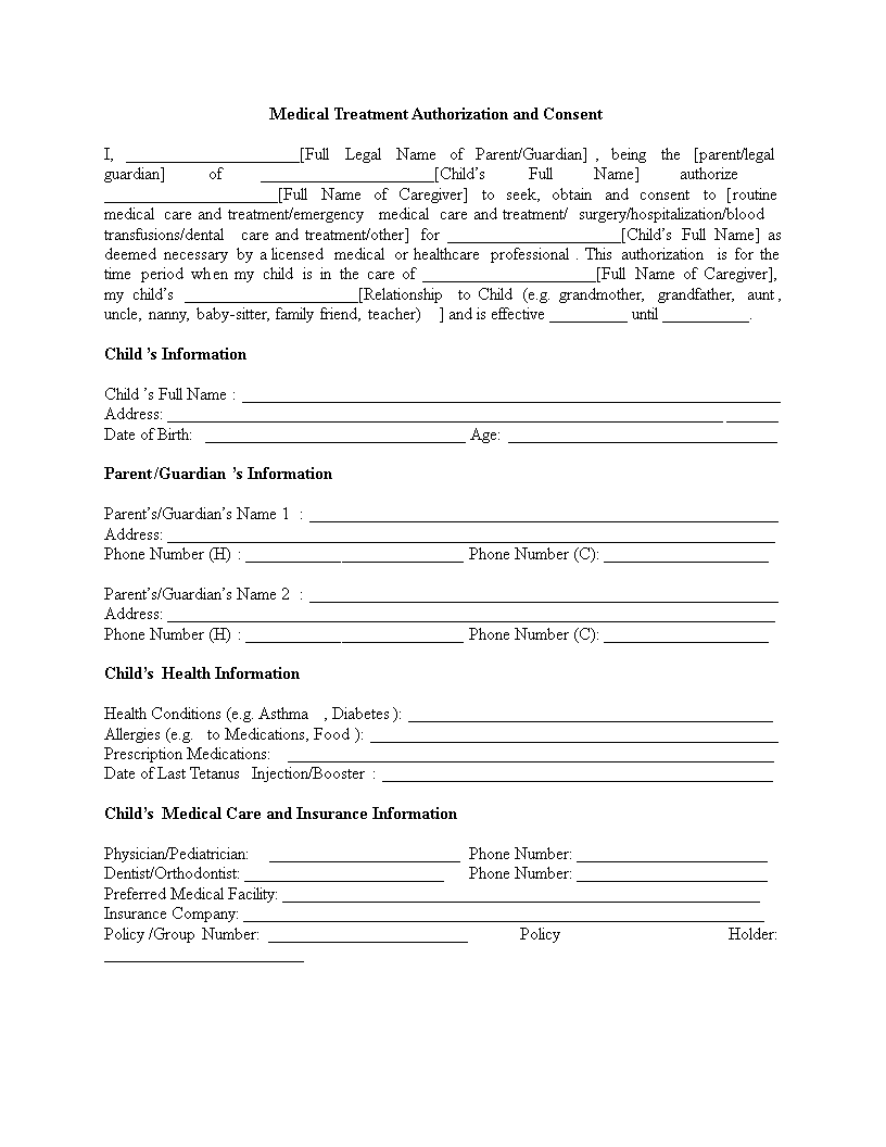 child medical consent form template