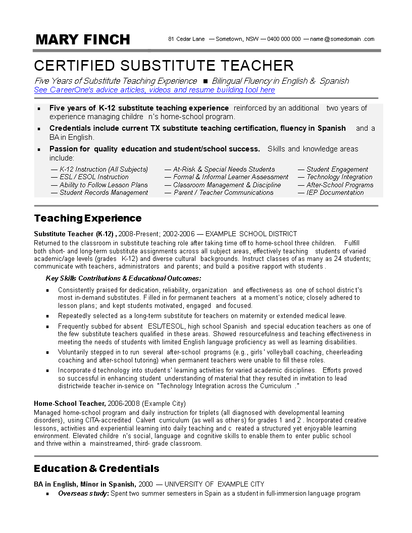 Substitute Teacher Resume Skills main image