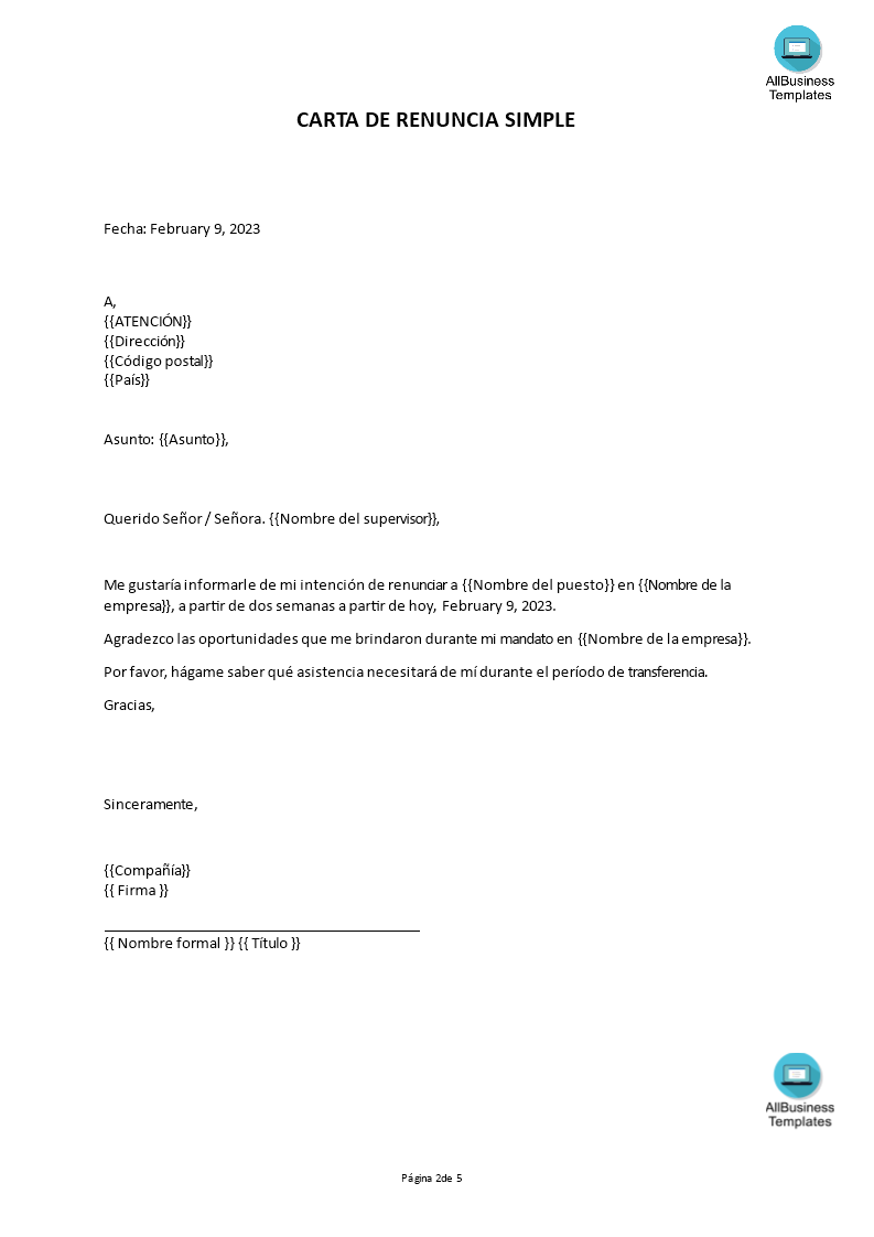 carta de renuncia breve Hauptschablonenbild