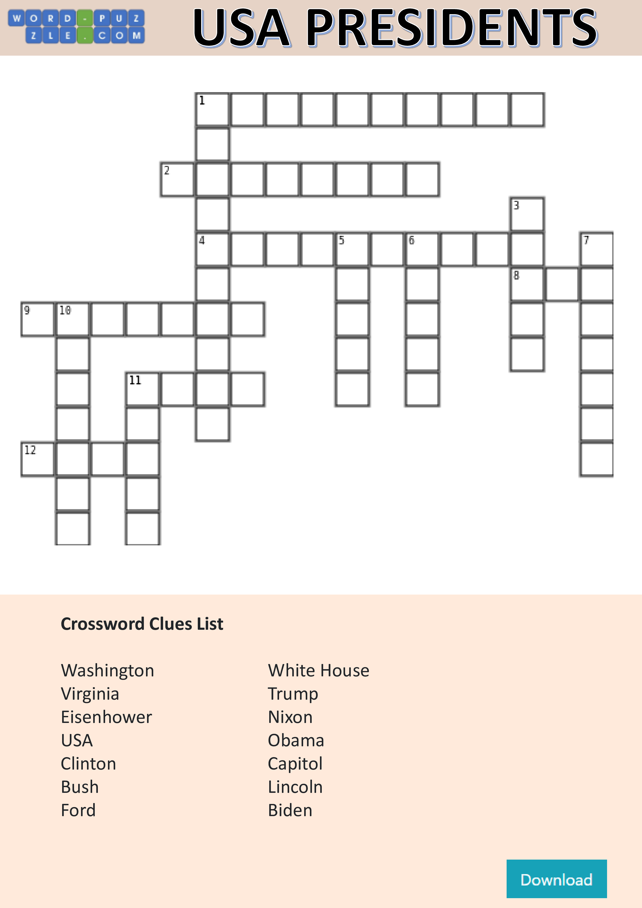 US Presidents Day Crossword Puzzle 模板