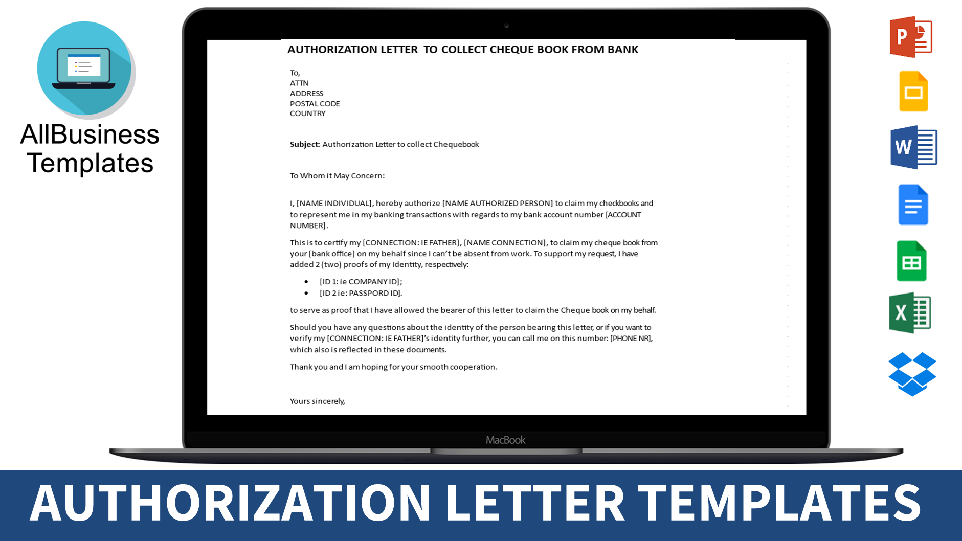 authorization letter to bank to collect cheque book modèles