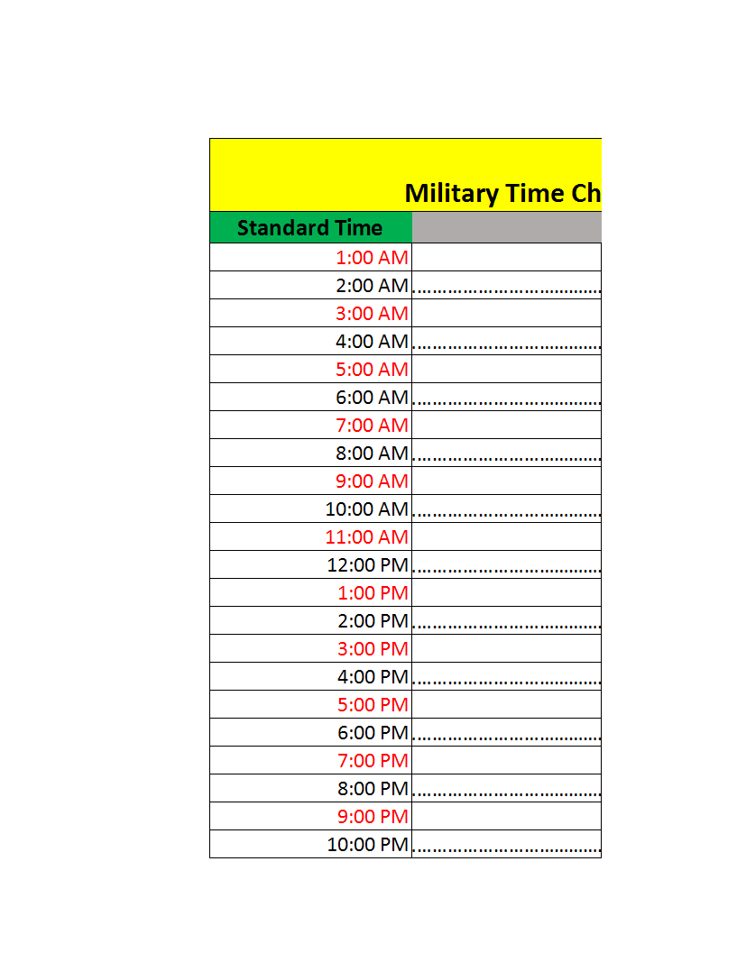 Military Time Clock Chart Excel Template 模板