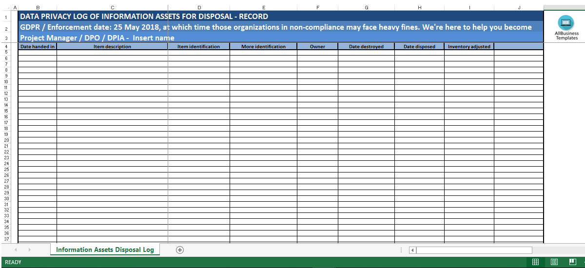 GDPR Information Assets for Disposal Log 模板