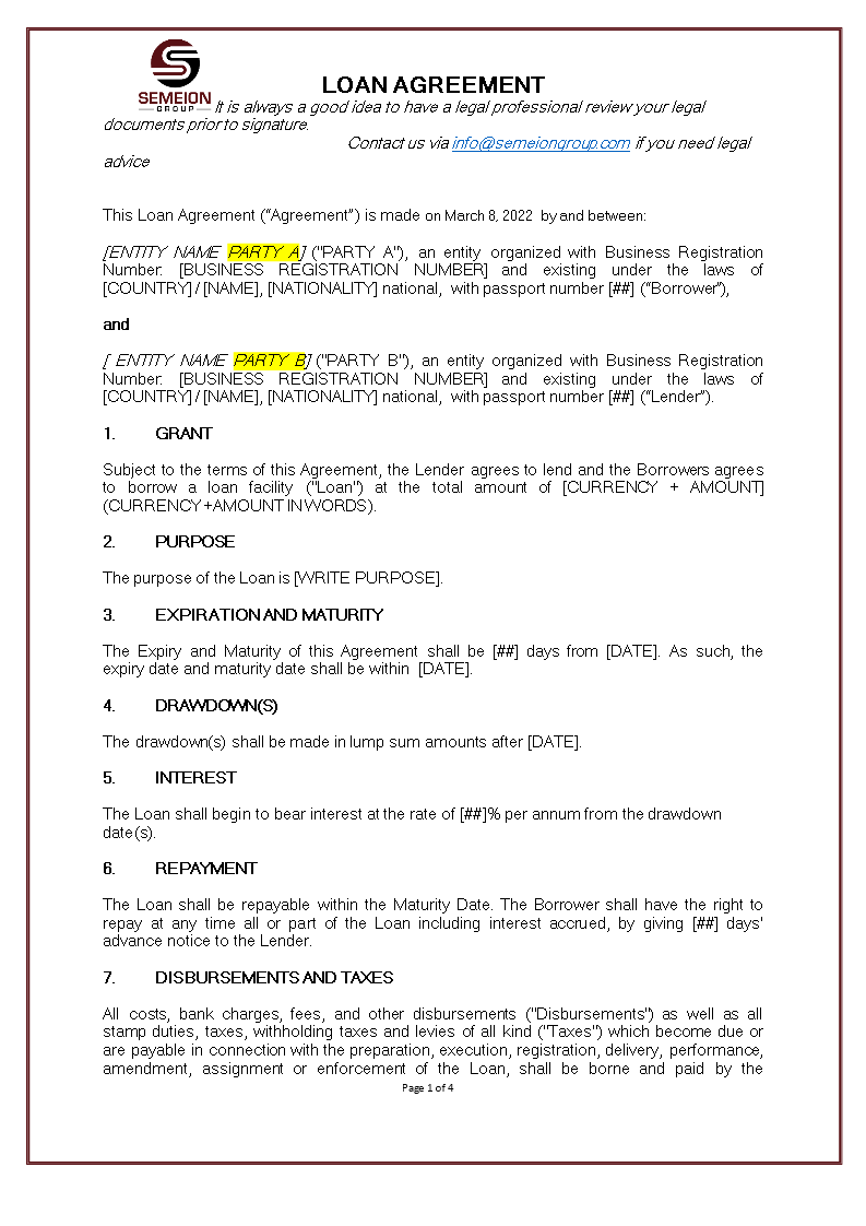 loan agreement template borrower and lender template