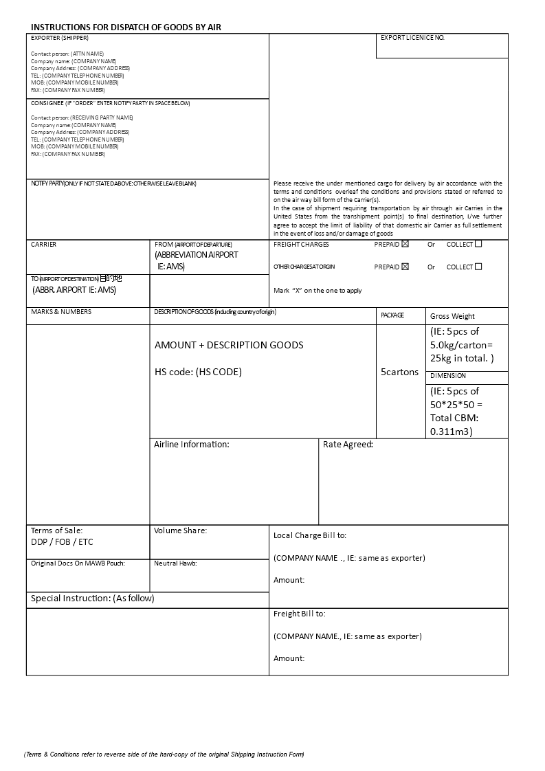 booking sheet airfreight shipment template voorbeeld afbeelding 