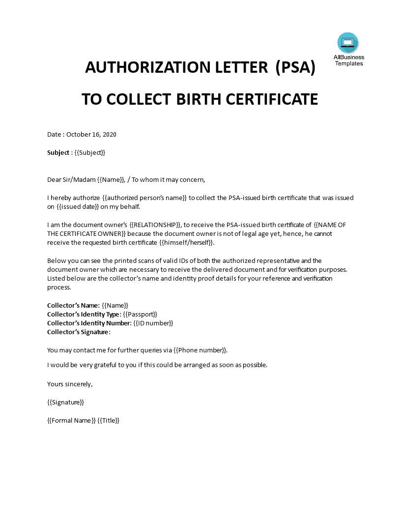 PSA Authorization Letter template 模板