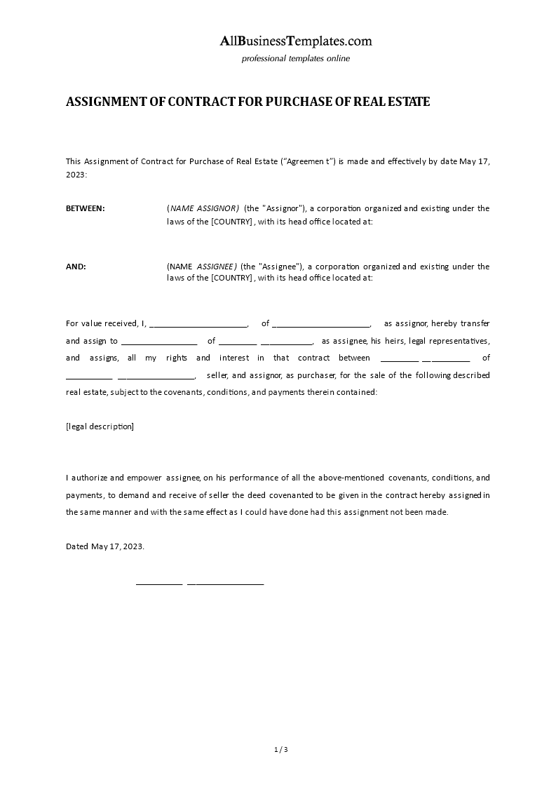 assignment of contract real estate template