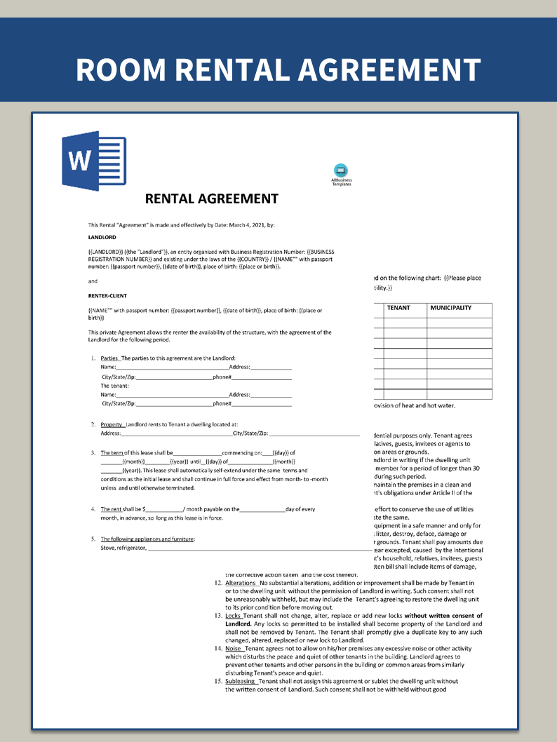 room rental lease agreement template