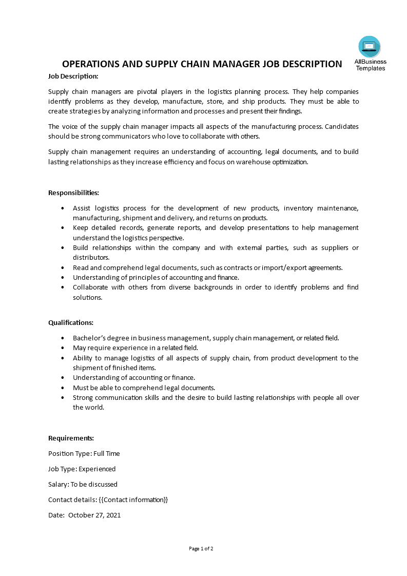 operations and supply chain manager job description modèles