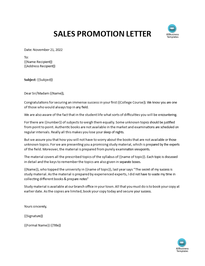 sales promotion letter modèles