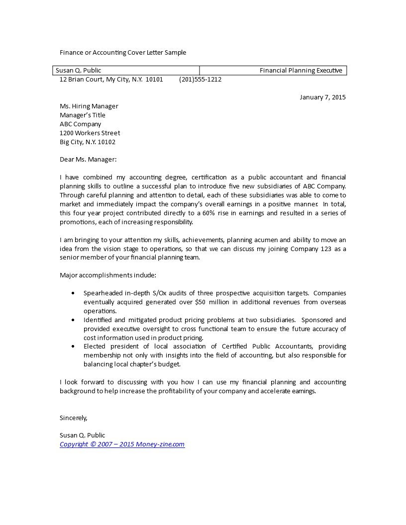 Finance Or Accounting Cover Letter Sample main image