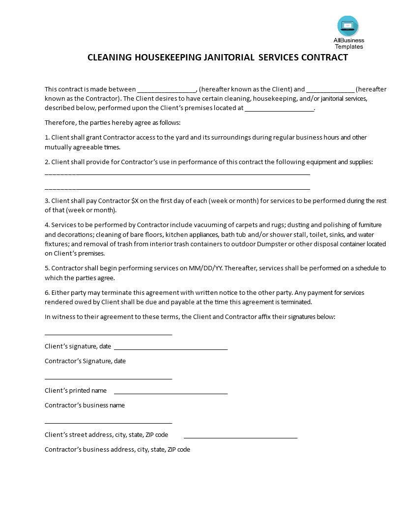 janitorial services agreement template