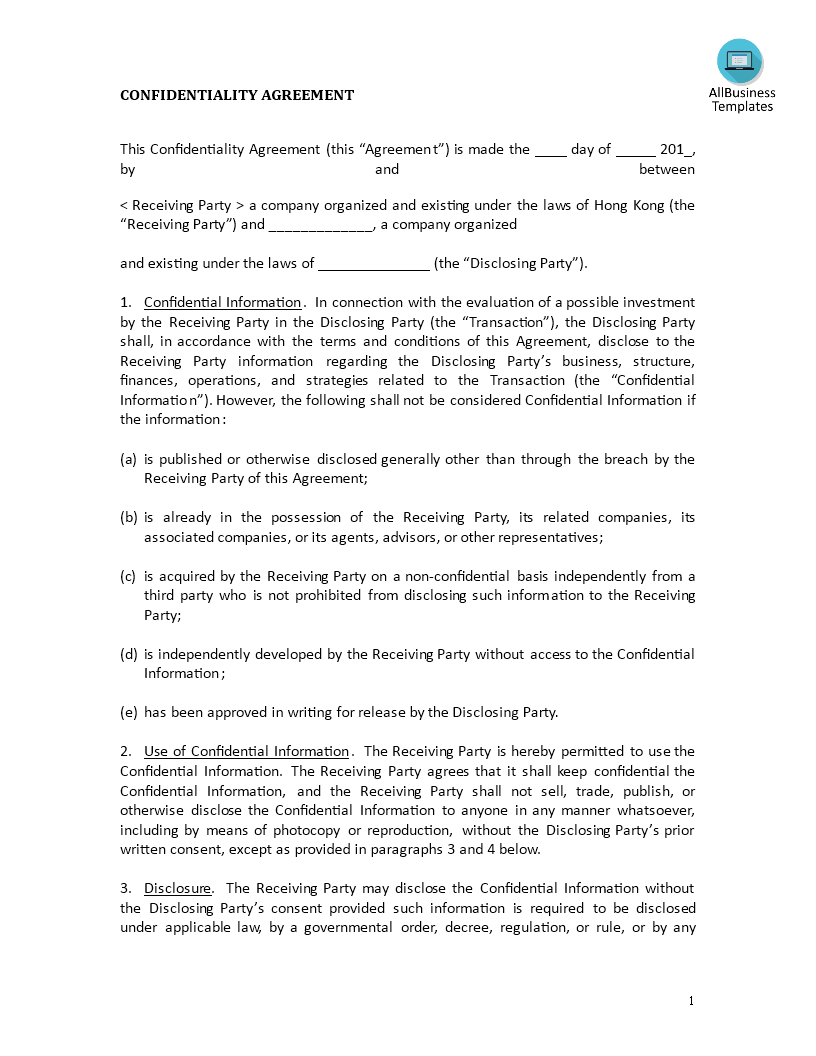 confidentiality agreement investments template