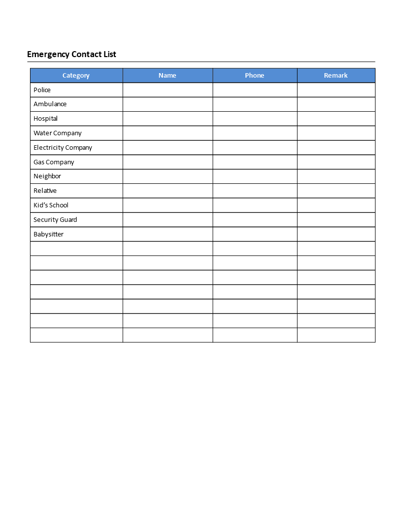 personal emergency contact list template