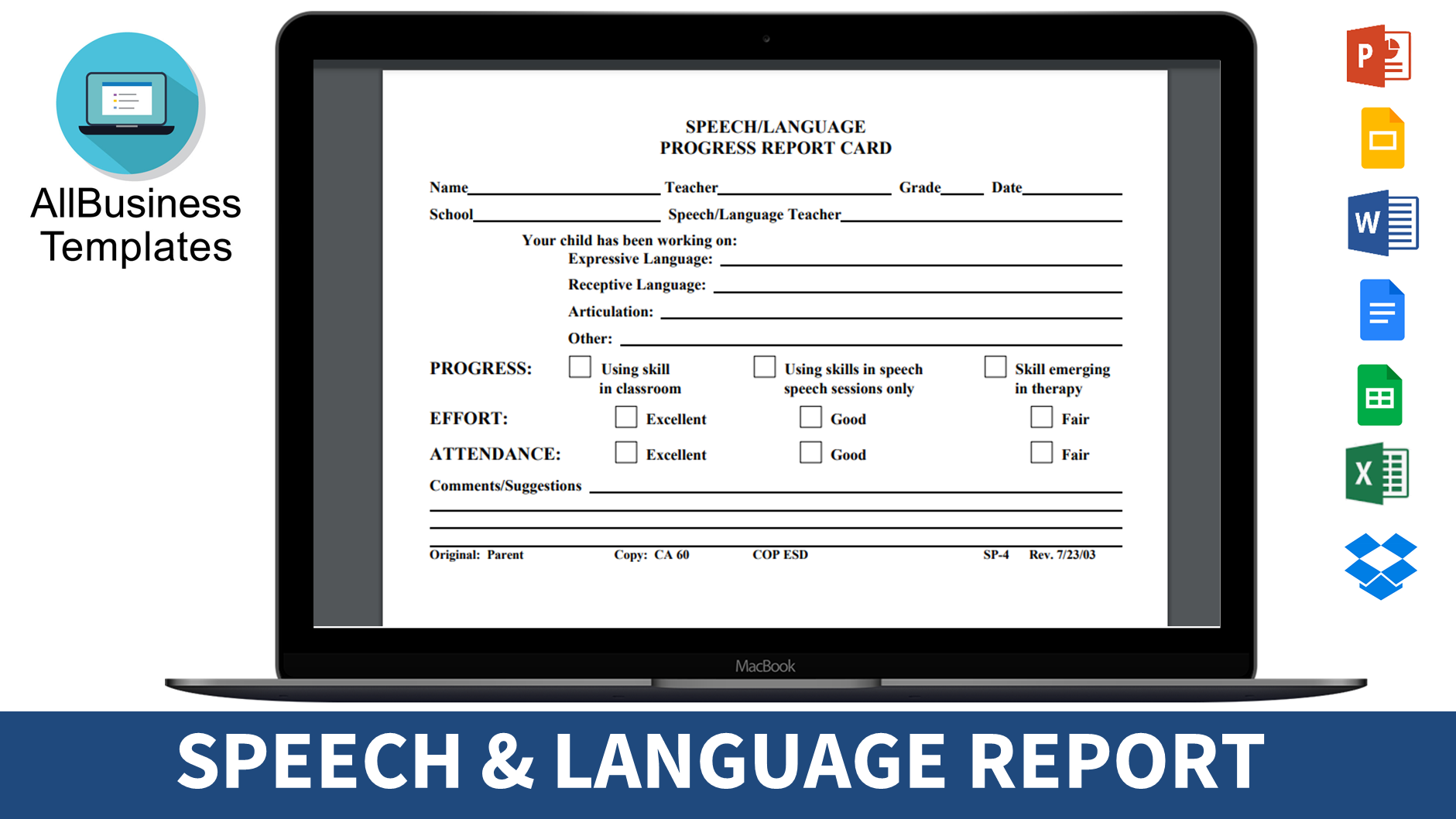 Speech & Language Progress Report Card 模板