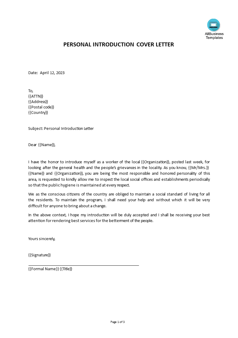 personal introduction letter example template