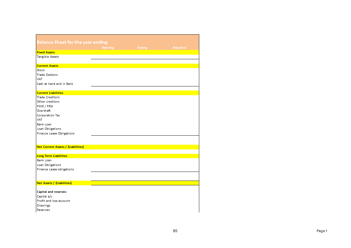 Balance Sheet worksheet of financial position 模板