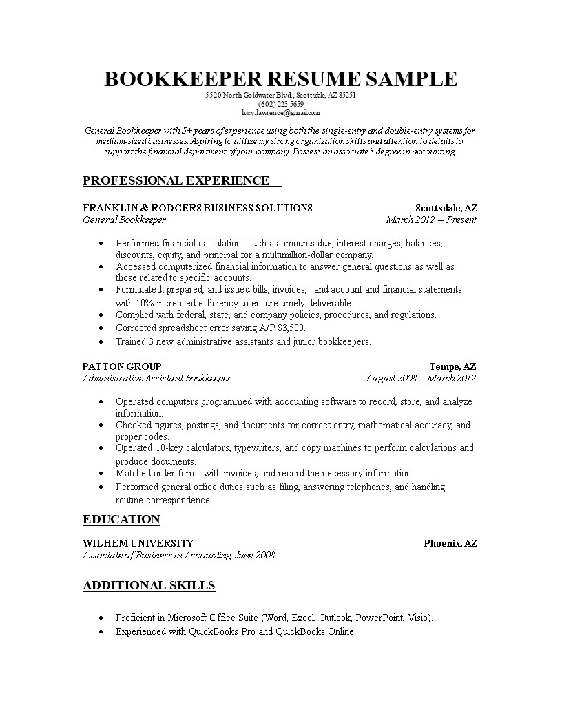 resume for bookkeeper voorbeeld afbeelding 