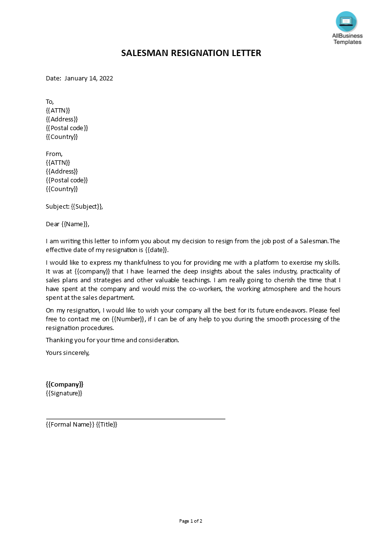 salesman resignation letter template