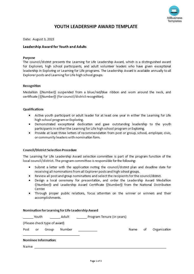 leadership award application form template
