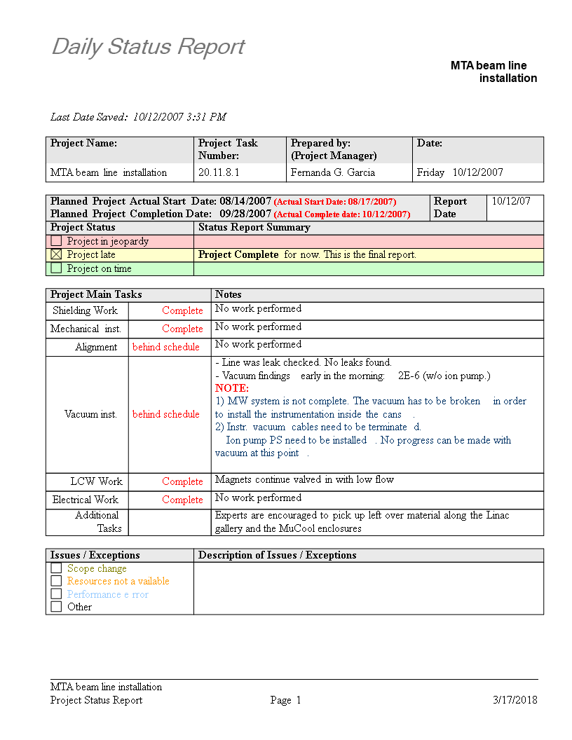 daily status report template