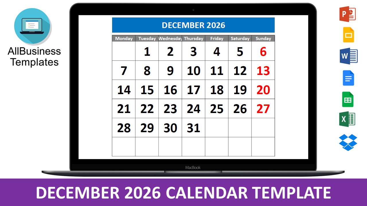 december 2026 calendar modèles