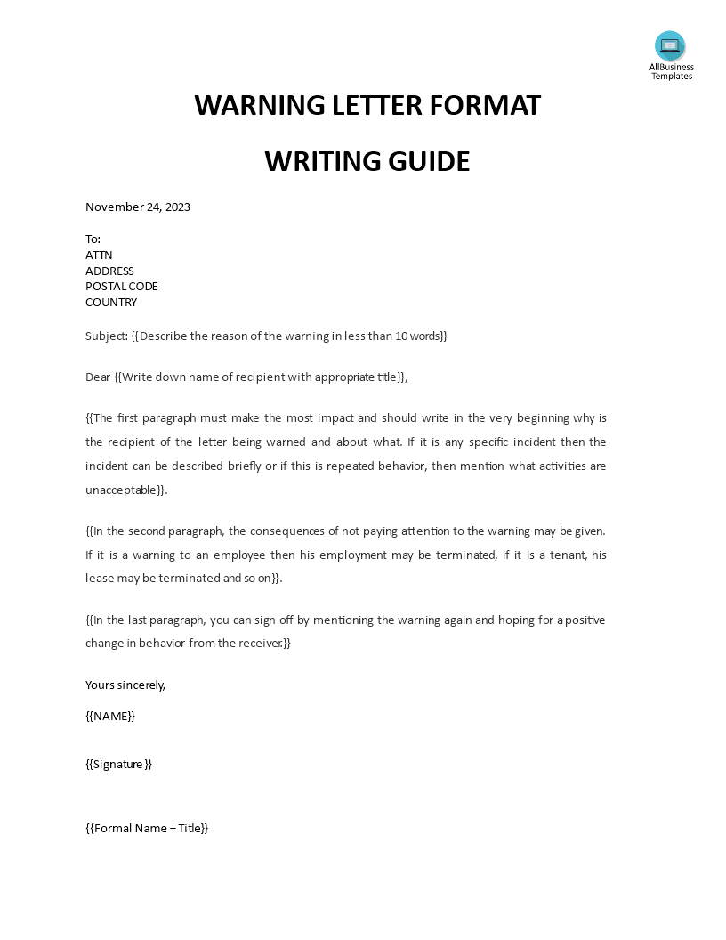 warning letter format template voorbeeld afbeelding 