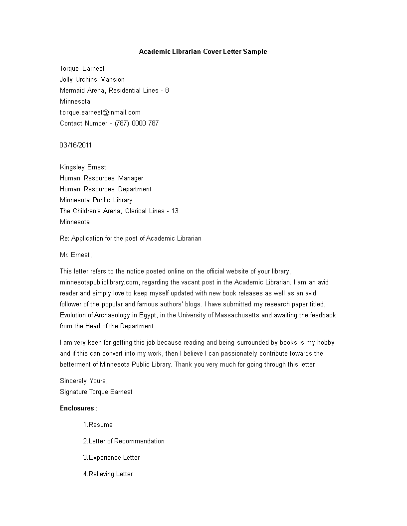 academic librarian cover letter template