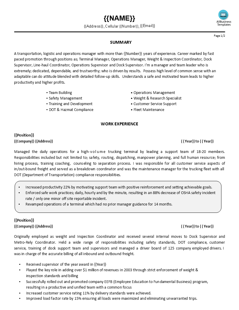 customer service manager resume template