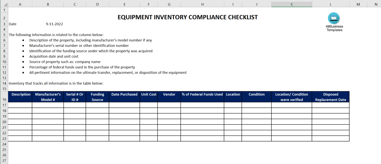 equipment inventory form template