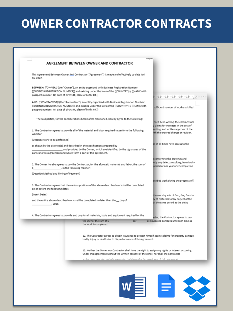 agreement between owner and contractor template template