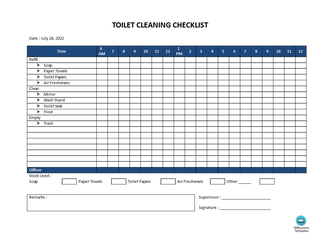 Restroom Cleaning Checklist Model 模板