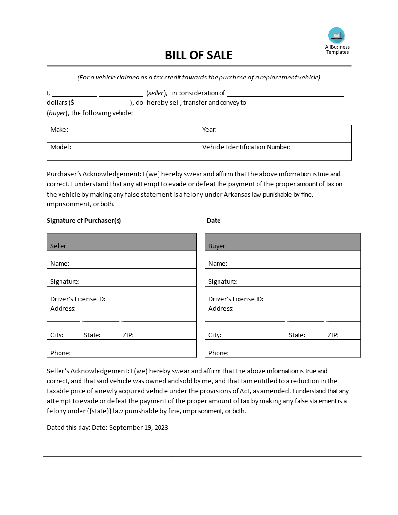 Bill of Sale Template for Car main image