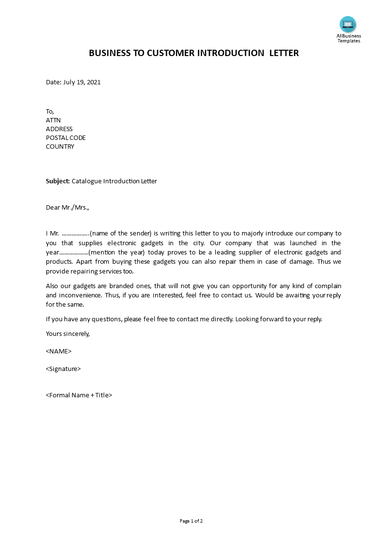 business to customer introduction letter template