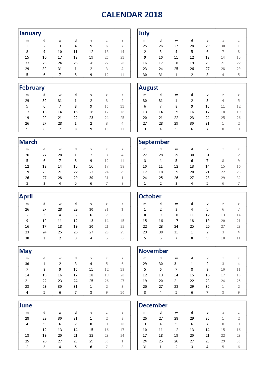 free 2018 printable calendar 2018 ms word template voorbeeld afbeelding 