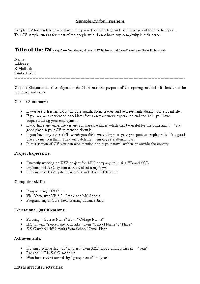 software engineering fresher cv template