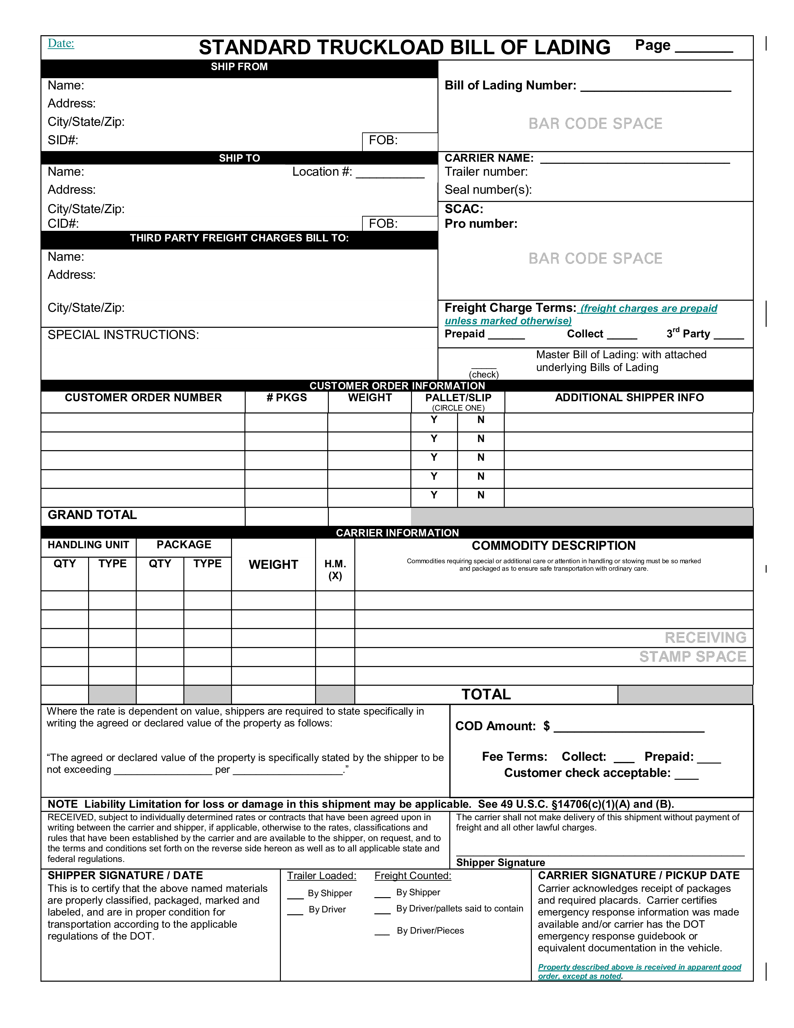 bill of lading front template