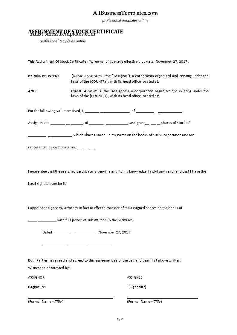 assignment of stock certificate template