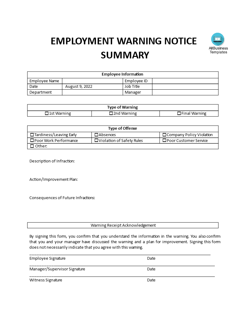 warning form notice summary template