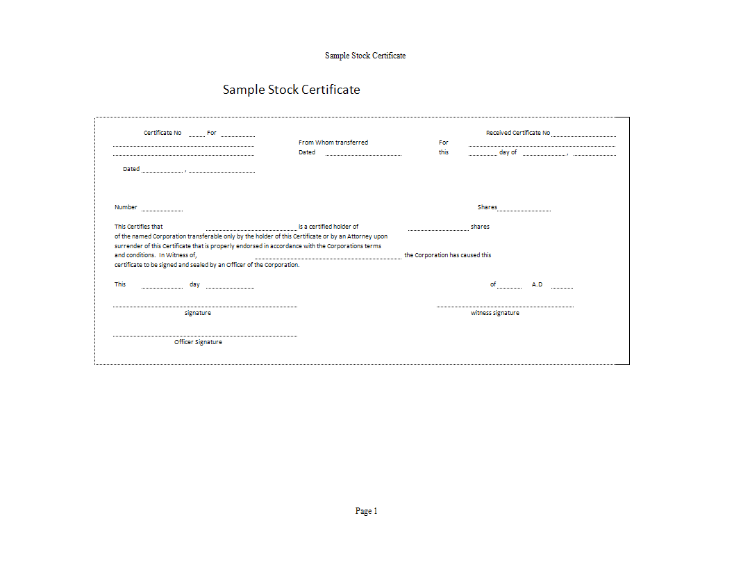 stock certificate template example main image