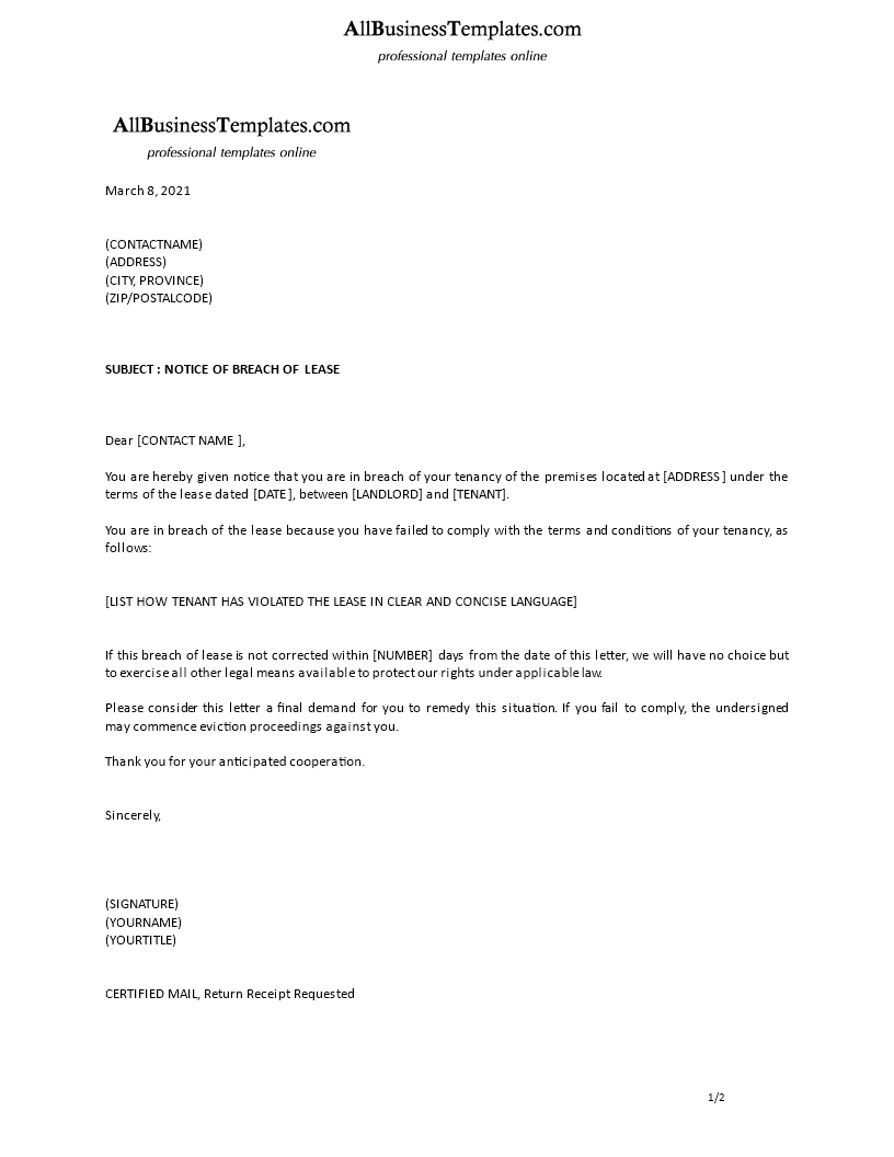 formal notice of breach of lease contract Hauptschablonenbild