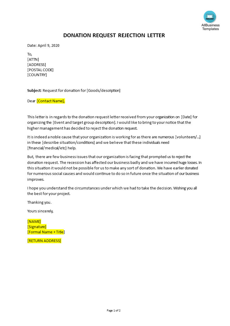 donation request rejection letter template